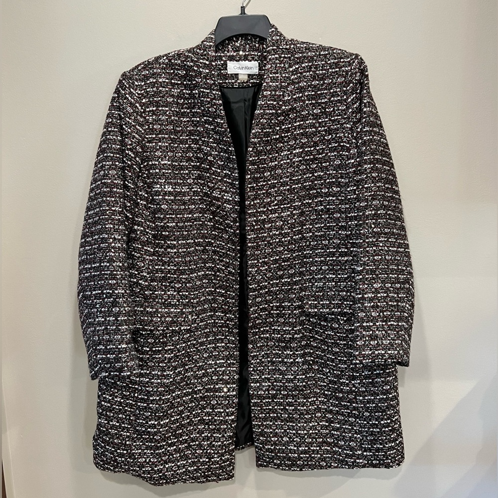 Calvin Klein Black & White Tweed Open-Front Blazer